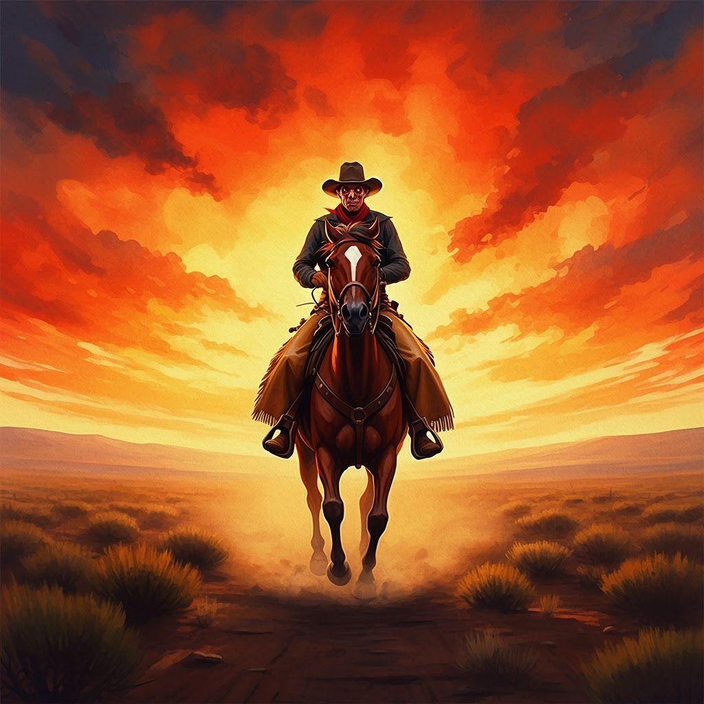 Cowboy Galloping on Dusty Plain in Watercolor