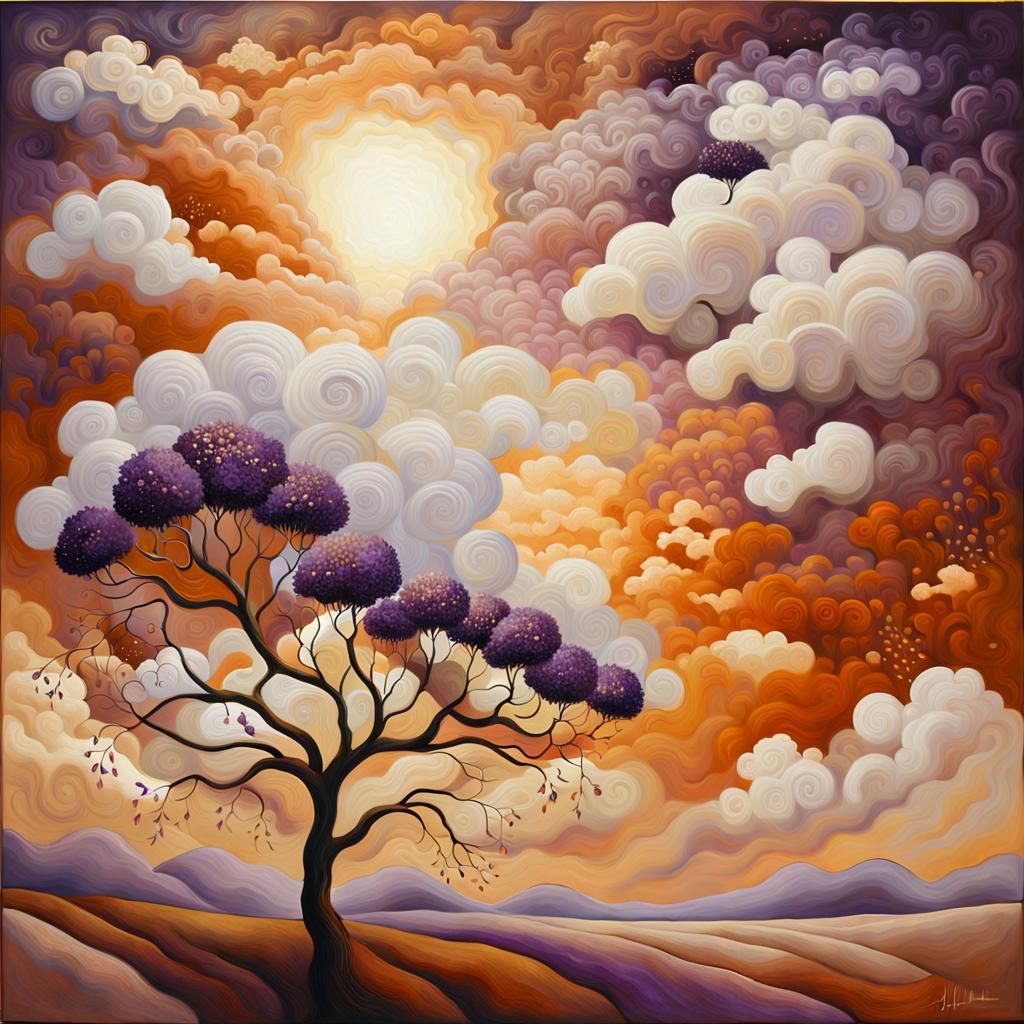 Surreal Blossoms and Clouds in Sienna and Amethyst
