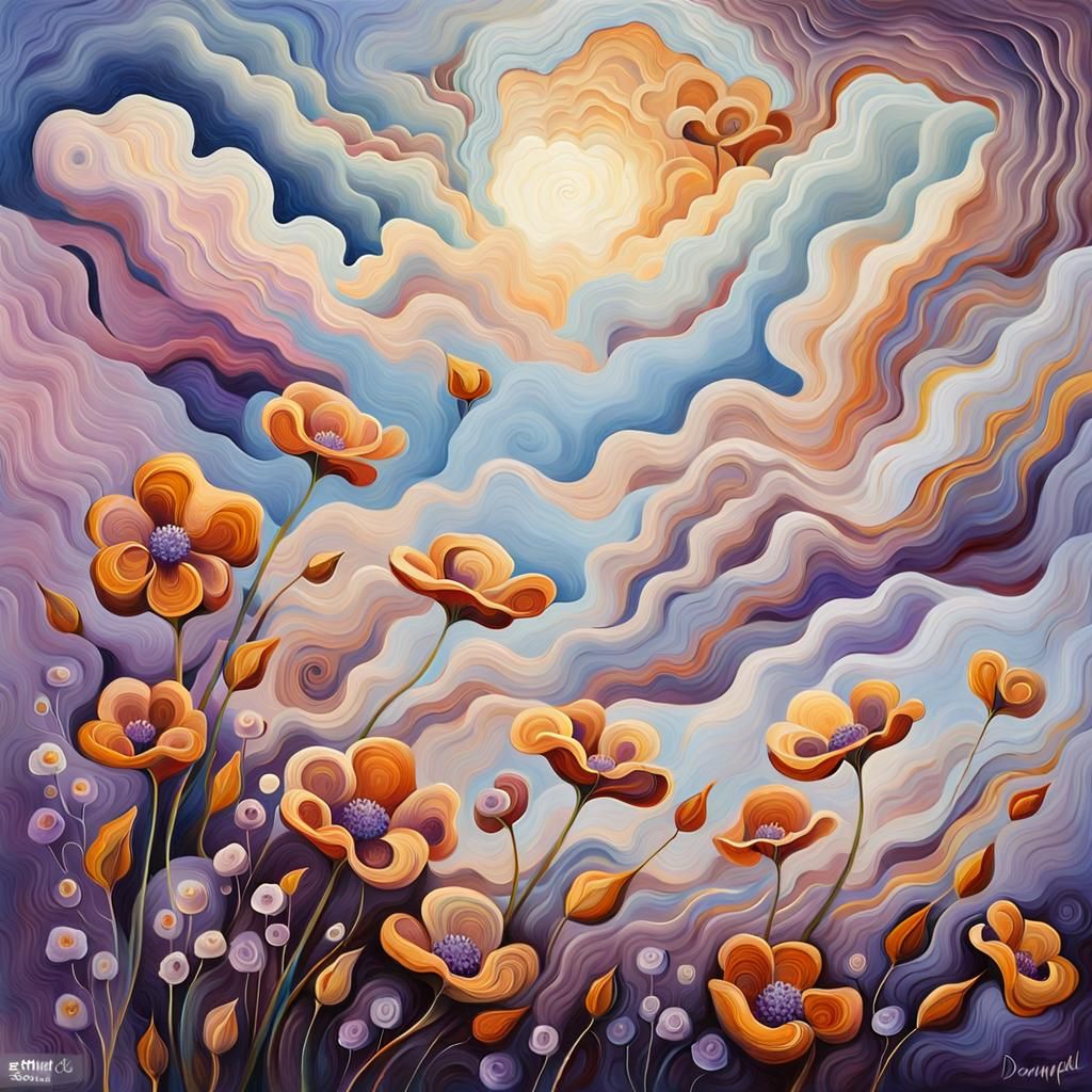 Surreal Blossoming Flowers in Dreamlike Sky