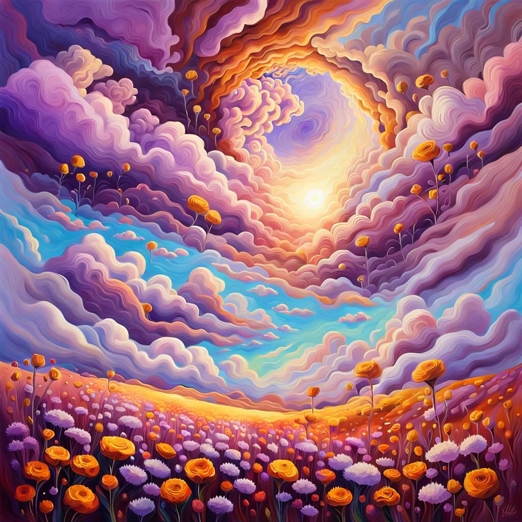 Surreal Cloud Flowers in Sienna Sunlight, Oil Painting