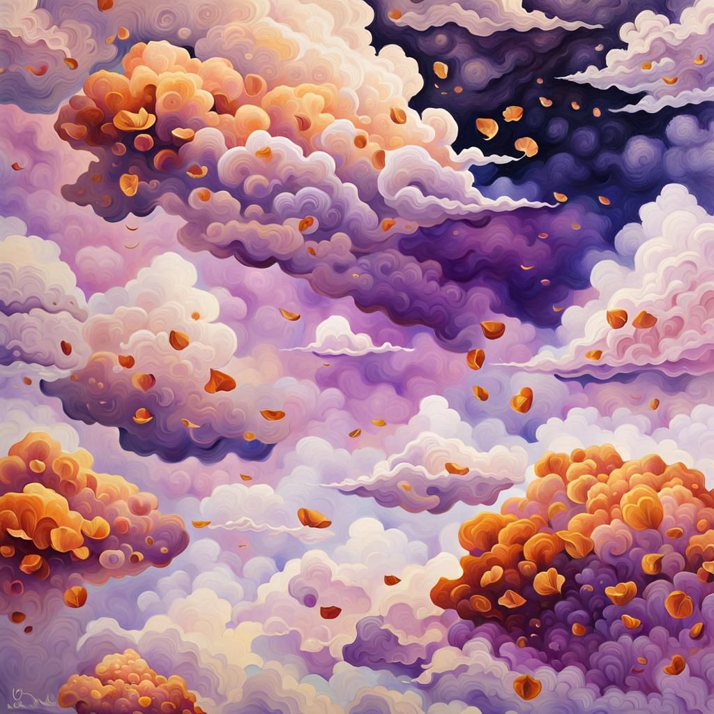Amethyst Petals Bloom in Sienna Sky: Surreal Painting