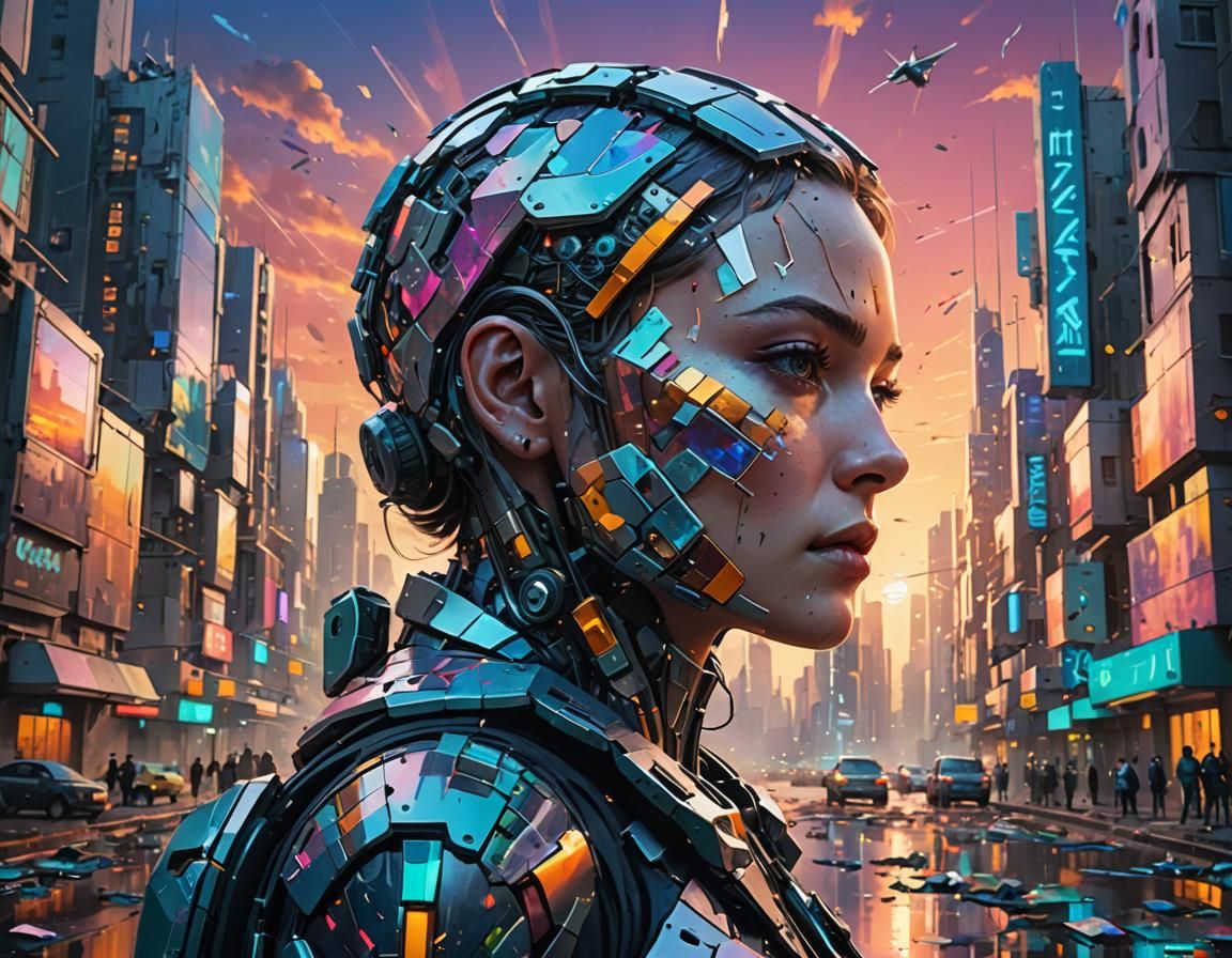 Fragmented Futuristic City at Dawn in Splash Art