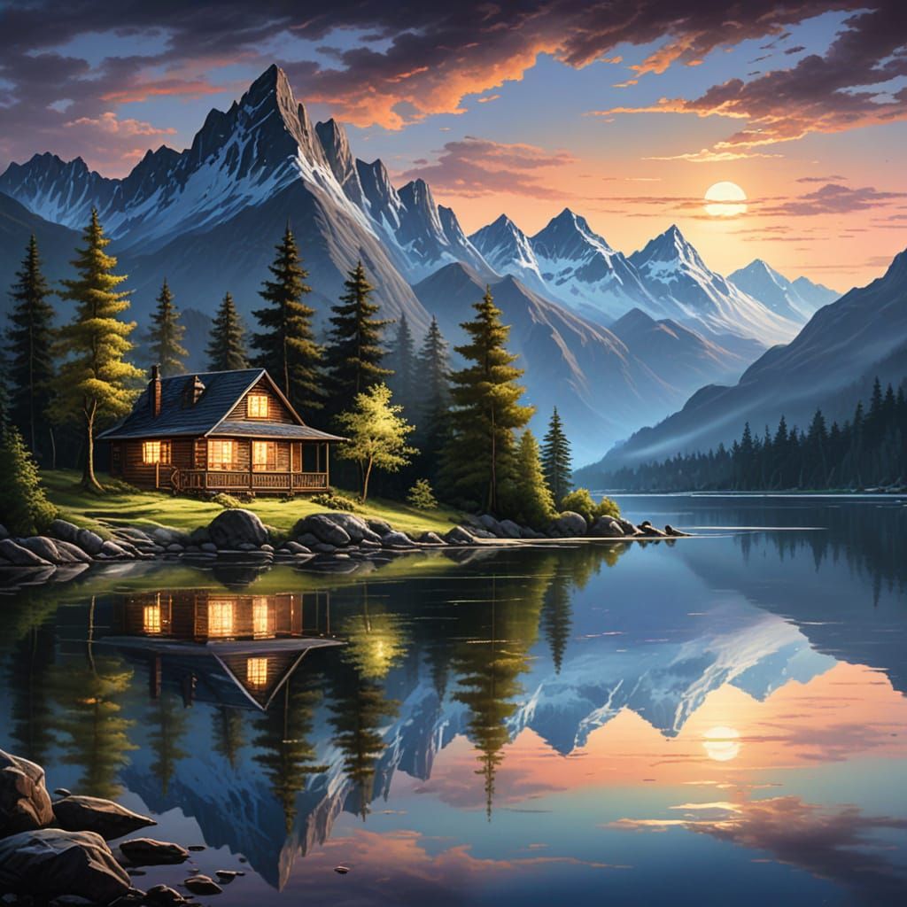 Serene Mountain Lake Scene in Luminous Oil Painting