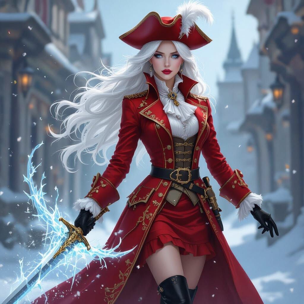 Icy Swordswoman in Red Coat, Gouache Style