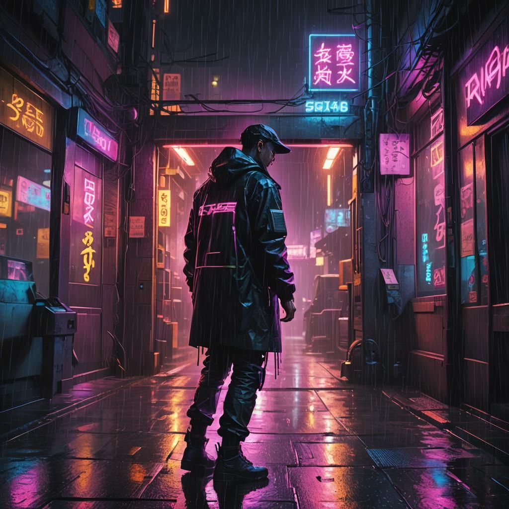 Cyberpunk Exit into Rainy Neon Night
