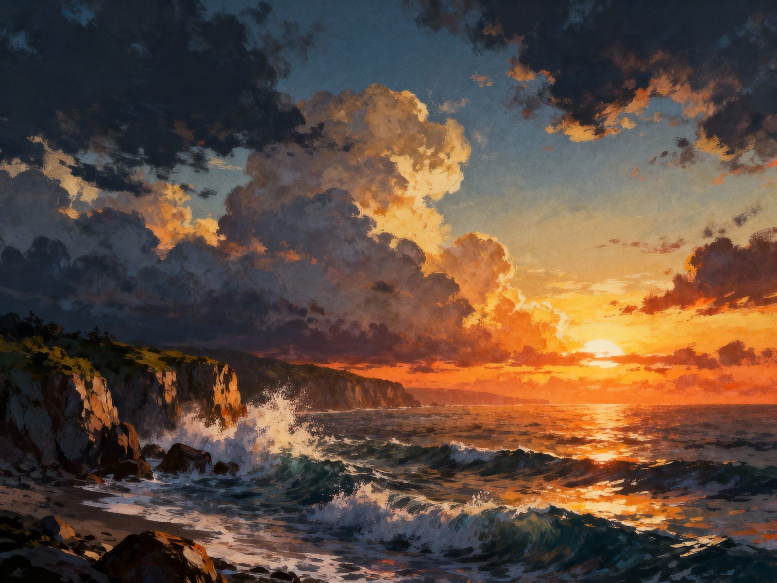 Epic Sunset Over Coastal Landscape with Rolling Clouds