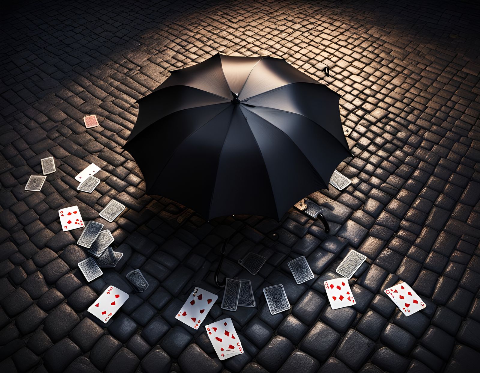 Dark Cobblestone Street with Umbrella and Playing Cards