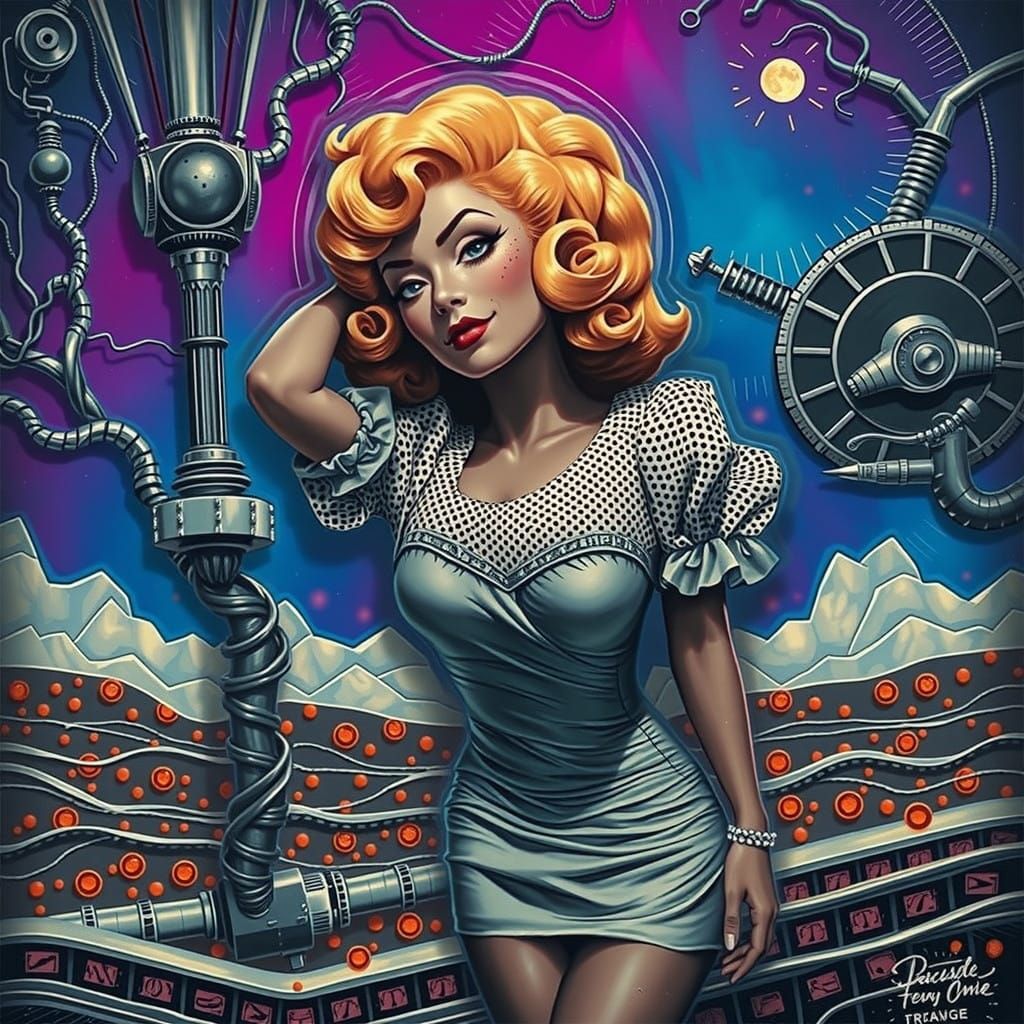 Ethereal 1940s Pin-Up Girl Amidst Shifting Probability Field