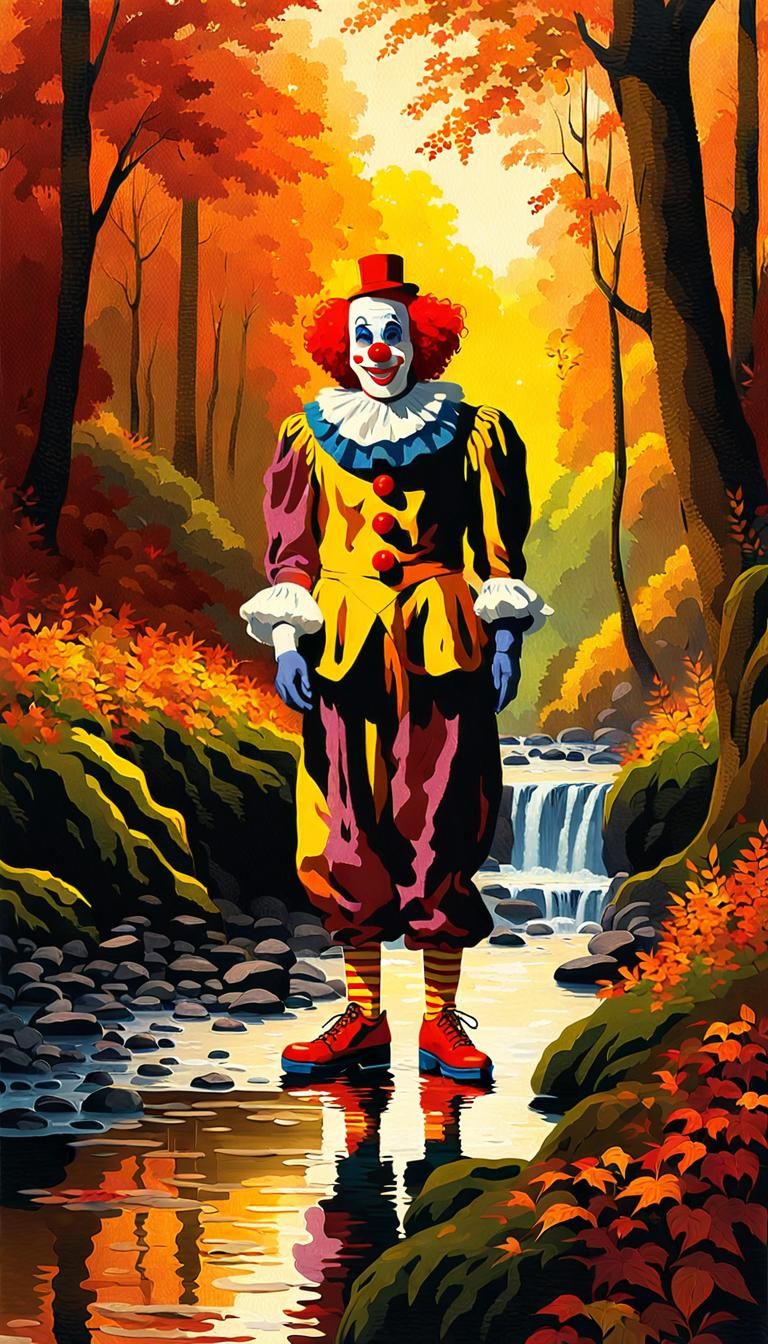Happy Clown in Amazonian Forest, Impressionist Style