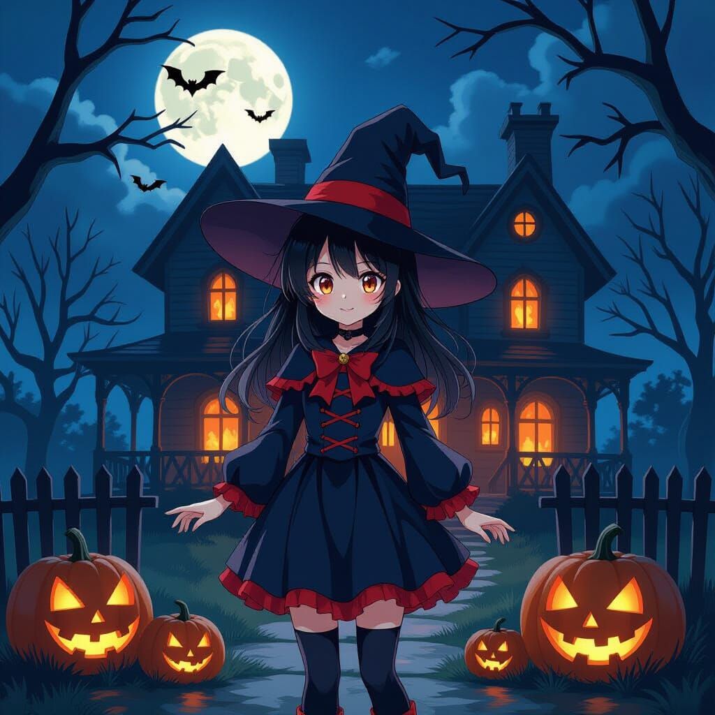 Anime Witch Girl Halloween Scene