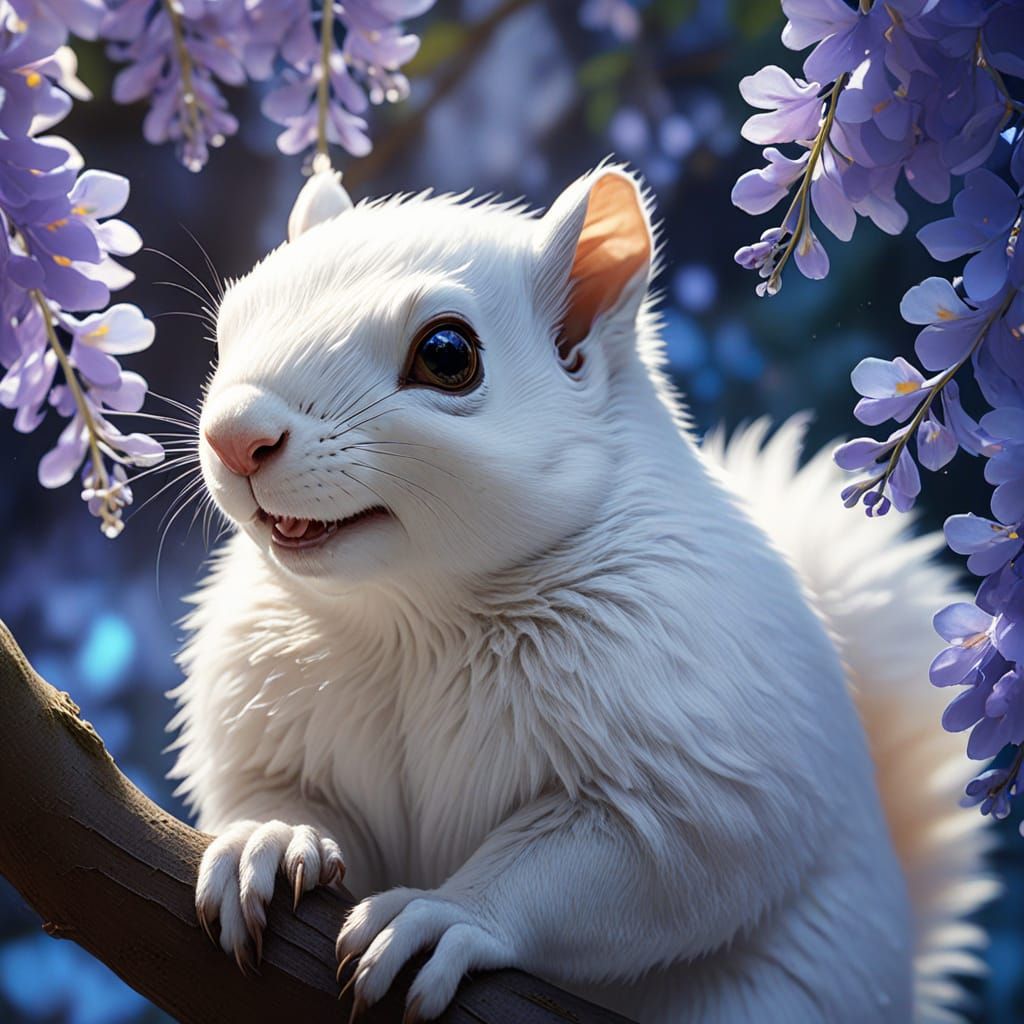 Ethereal White Squirrel Fairy on Wisteria Petals