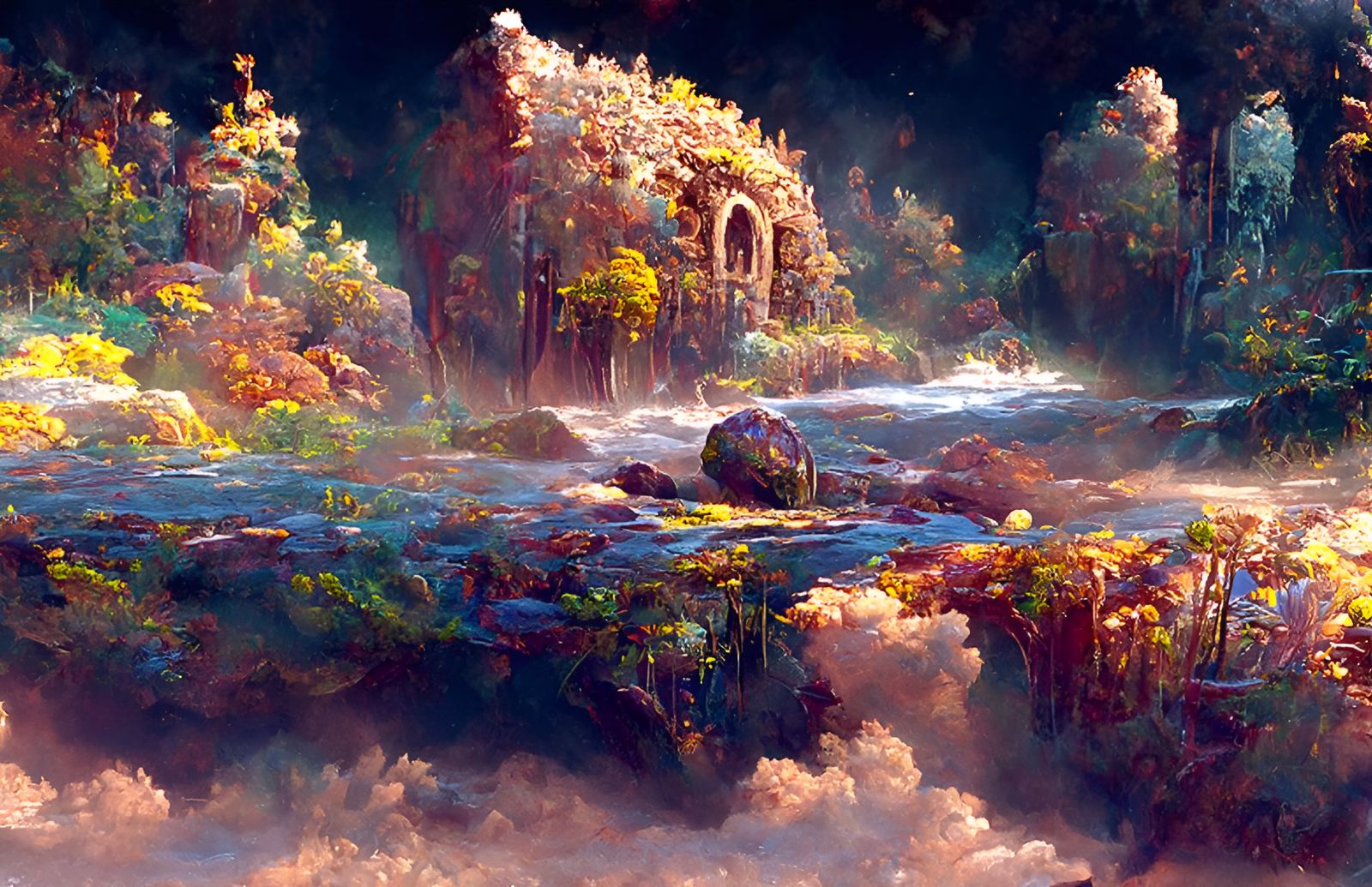 Overgrown Castle Vista with Portal in Romantic Style