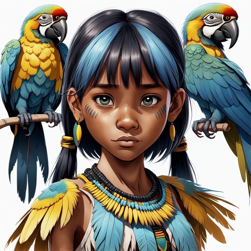 Indigenous Girl with Macaw: Detailed Character Design