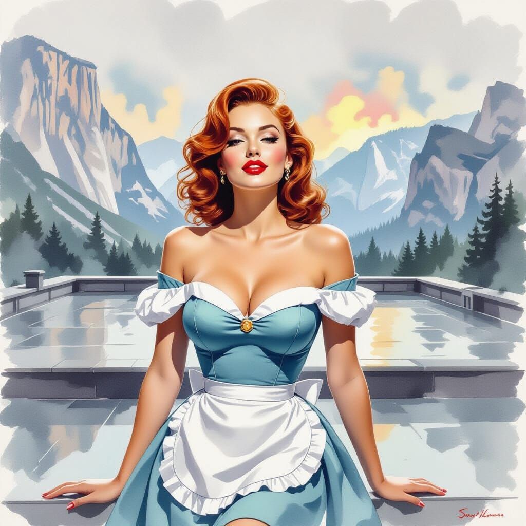 Redhead Pin-Up on Motel Rooftop in Yosemite