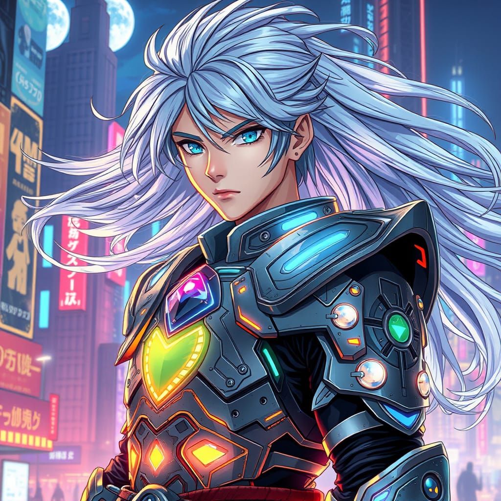 Cyberpunk Samurai Warrior with Silver Hair and Neon Armor
