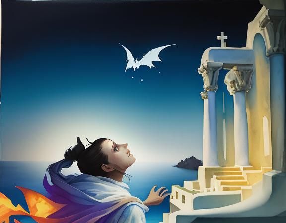 Hyperrealistic Santorini in Watercolor Splash Art