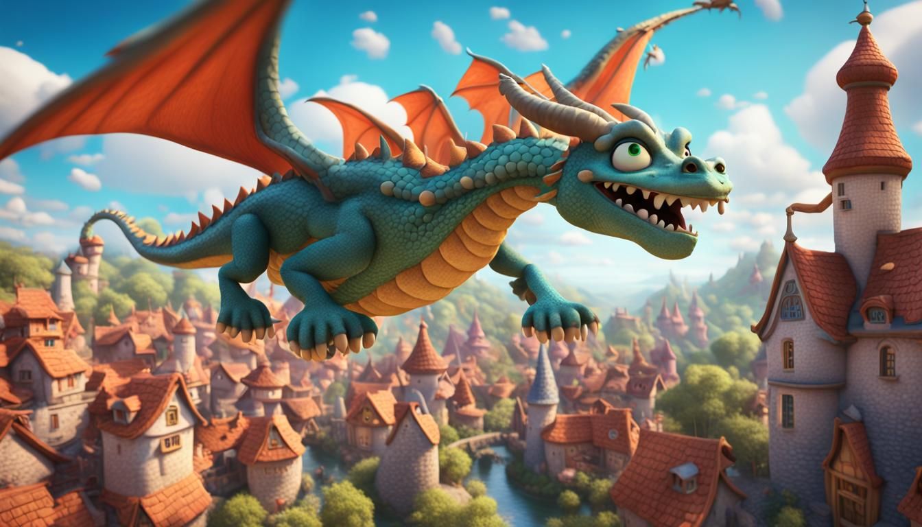 Cartoon Dragon Over Whimsical Village in Pixar Style
