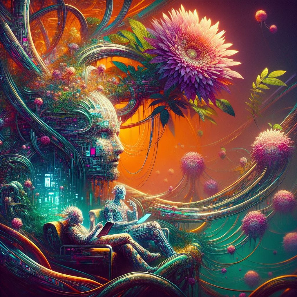 Glitchcore Plant with Humanoid Faces in Vaporwave Living Roo...