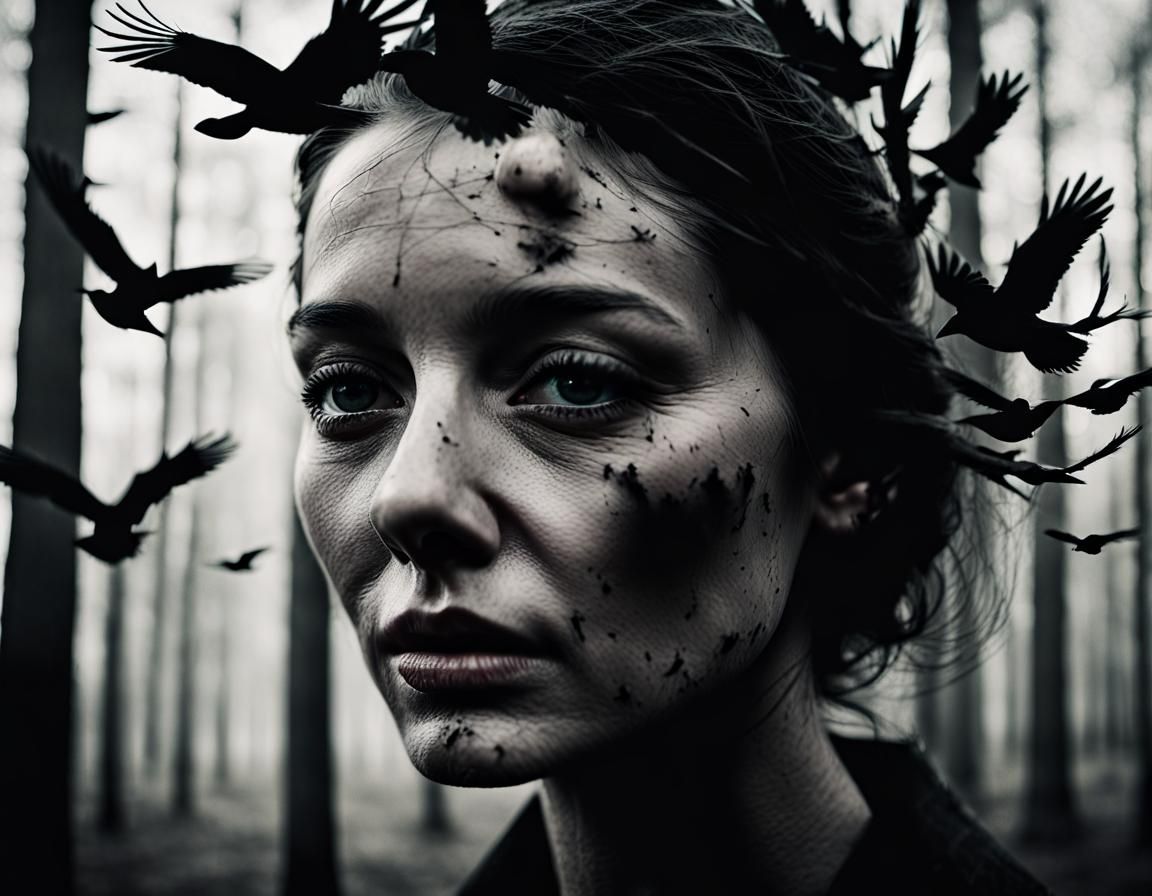 Double Exposure Portrait: Woman and Crows
