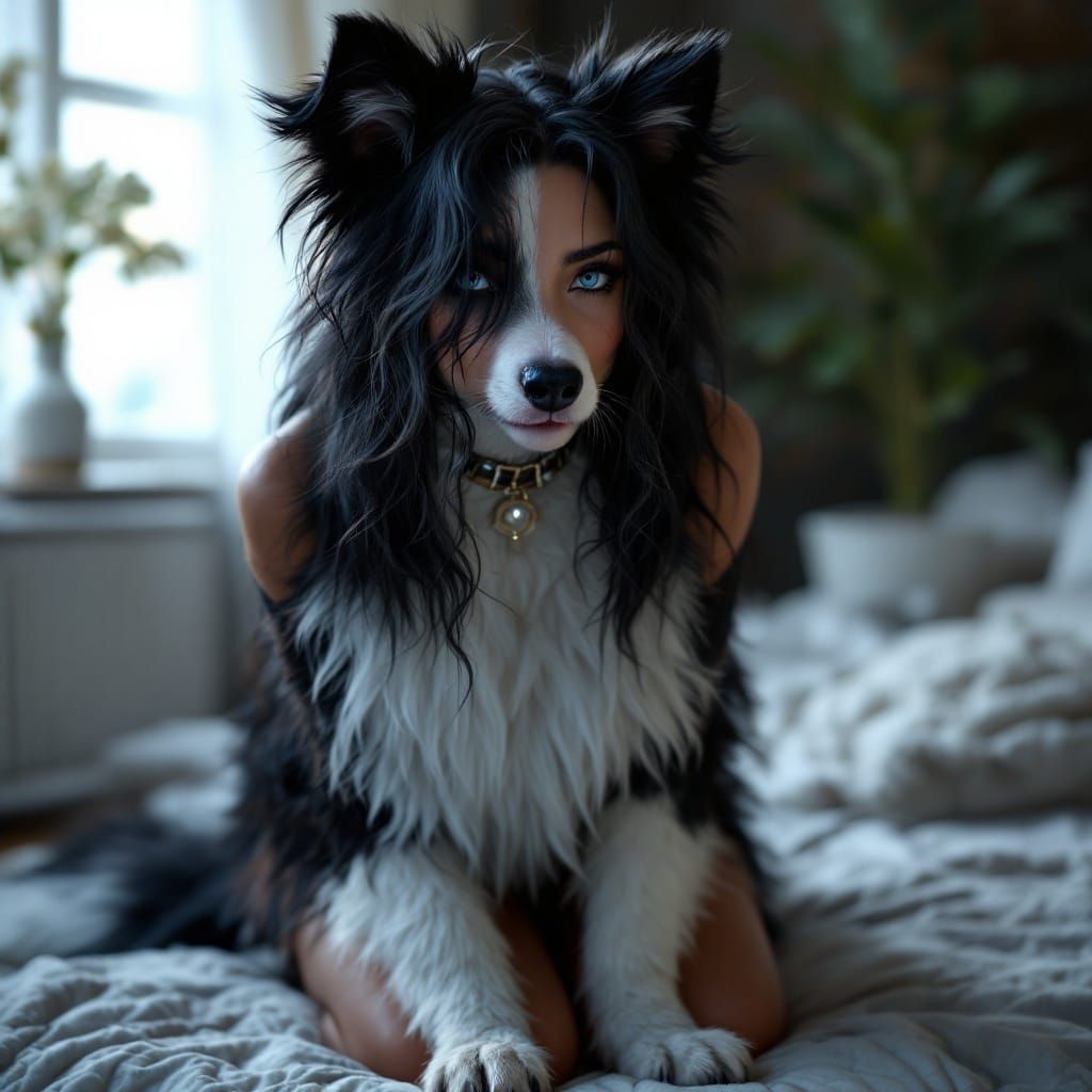 Woman with Border Collie Features in Photorealistic Style