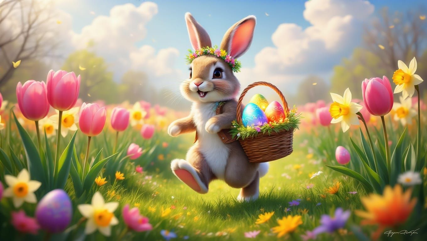 Easter Bunny in Vibrant Spring Landscape with Tulips and Wil...