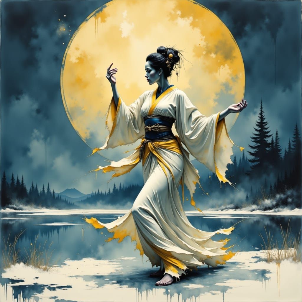 Ethereal Geisha Dances on Frozen Lake under a Full Moon