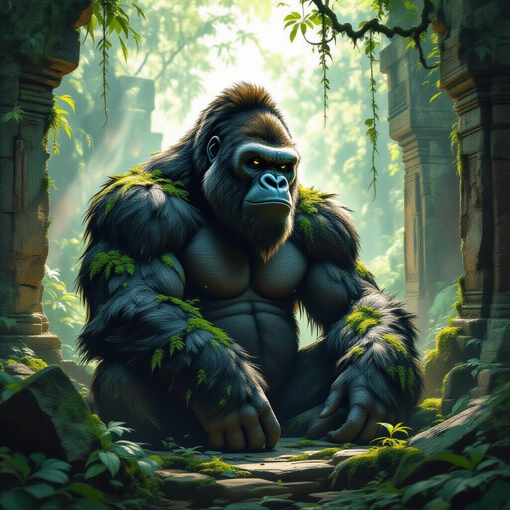 Ancient Gorilla in Jungle Ruins, Fantasy Concept Art