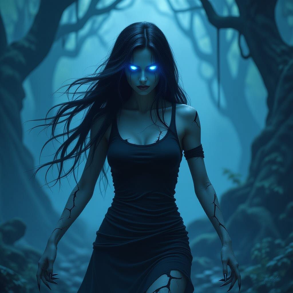 Ethereal Female Ghost Haunts Ancient Forest