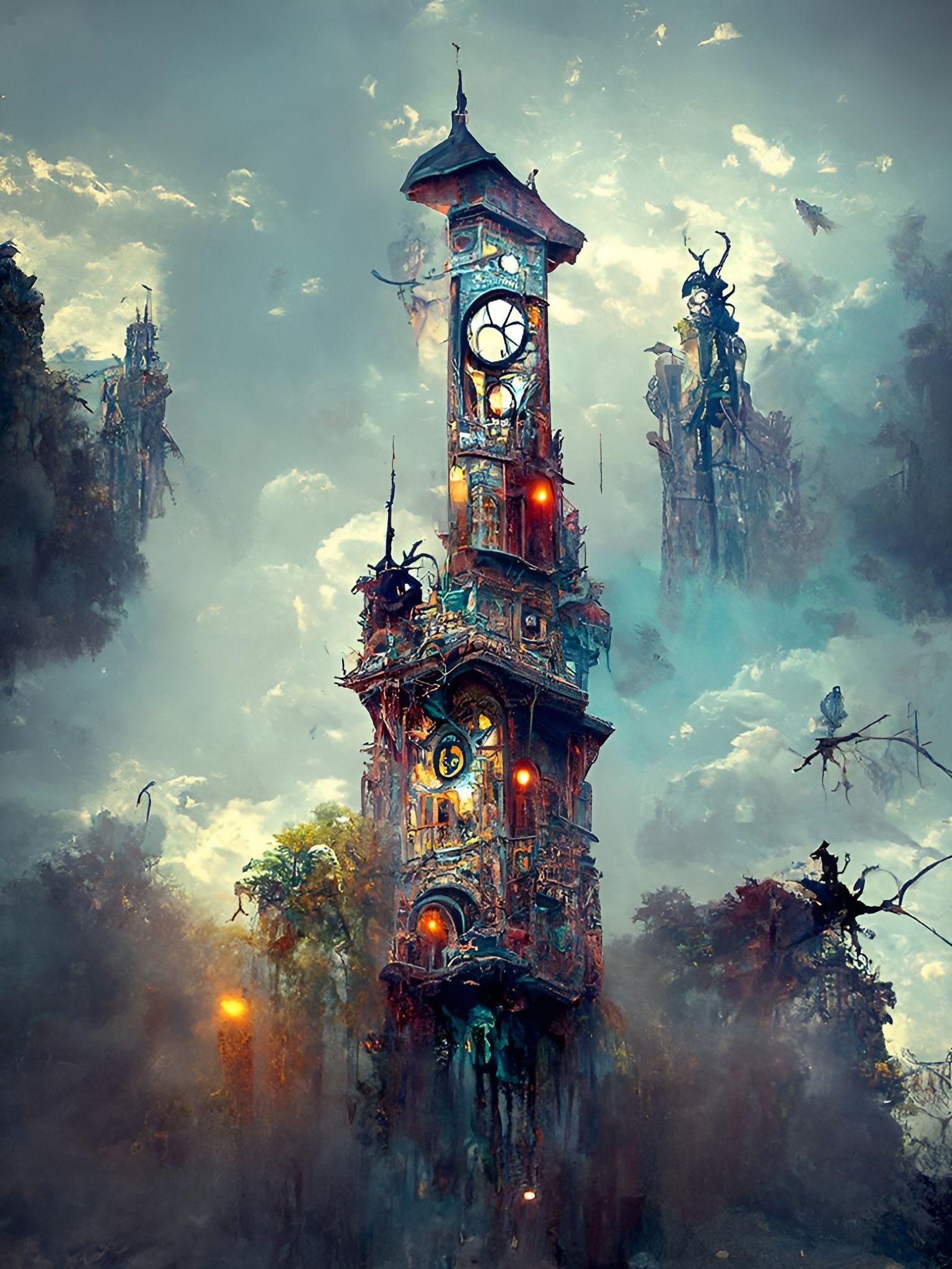 Crooked Clock Tower in Sinister Whimsical Fantasy Style