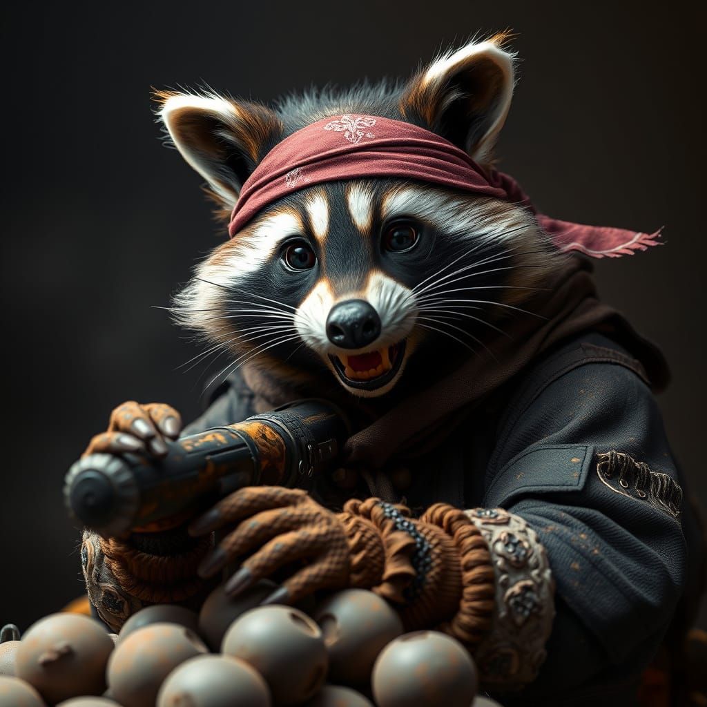 Raccoon Pirate Gunner Portrait in Fine Art Style