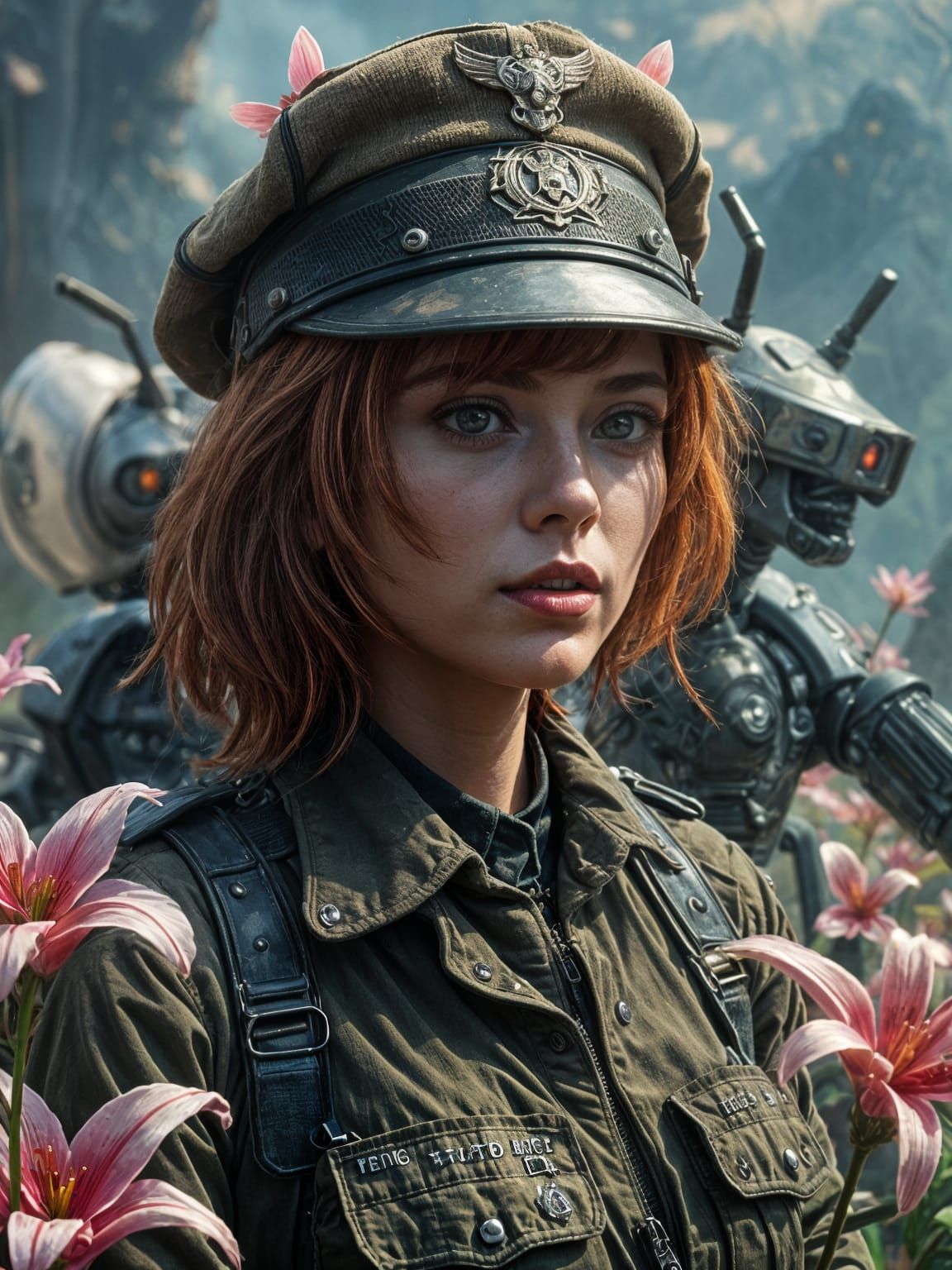 Post-Apocalyptic Auburn Haired Woman in Collage Style