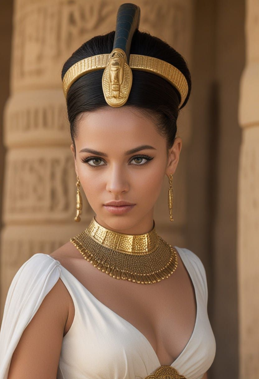 Regal Ancient Egyptian Queen Cleopatra in Traditional Headdr...