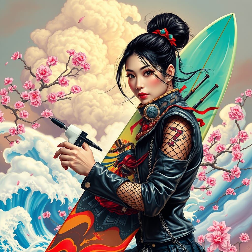 Samurai Surfboard Art in Futuristic Style