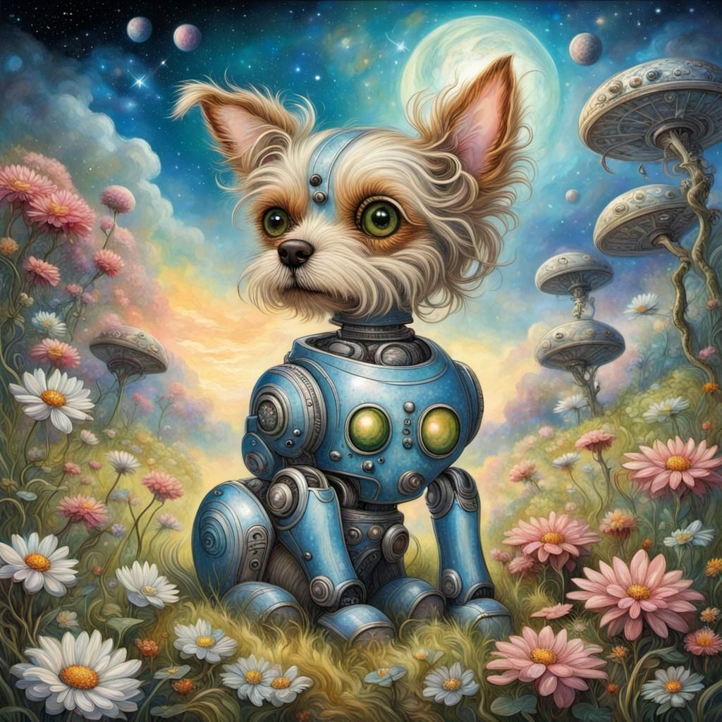 Robot Dog in Field with Spaceships, in Surreal Style