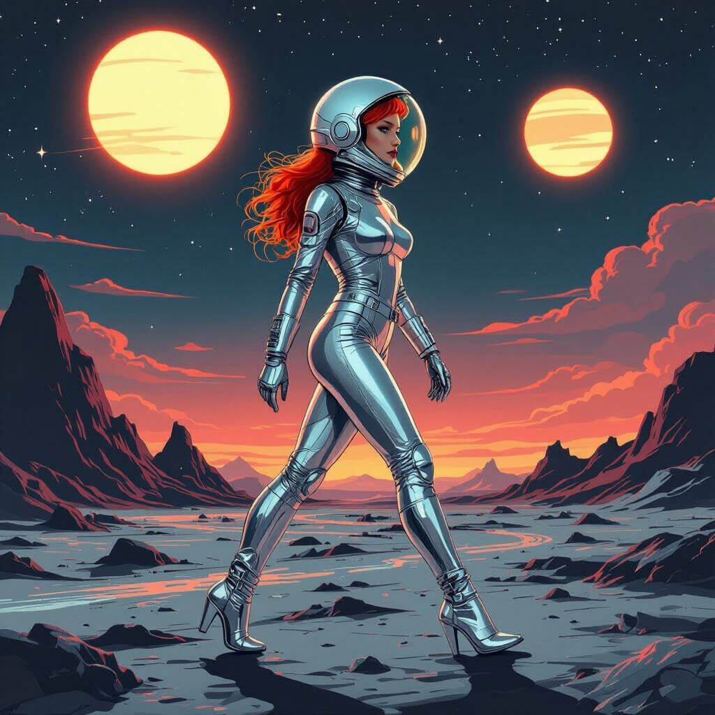 Woman in Spacesuit on Alien Planet, Futuristic Art