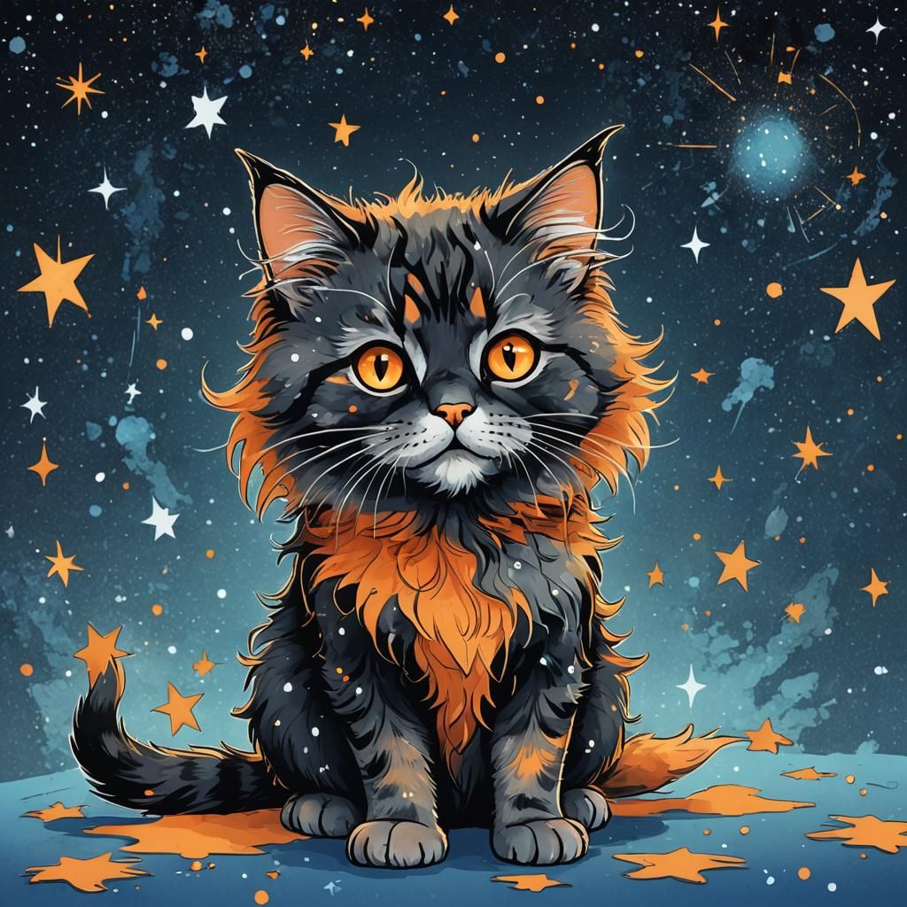 Cute Cat and Mouse in Alcohol Ink Illustration