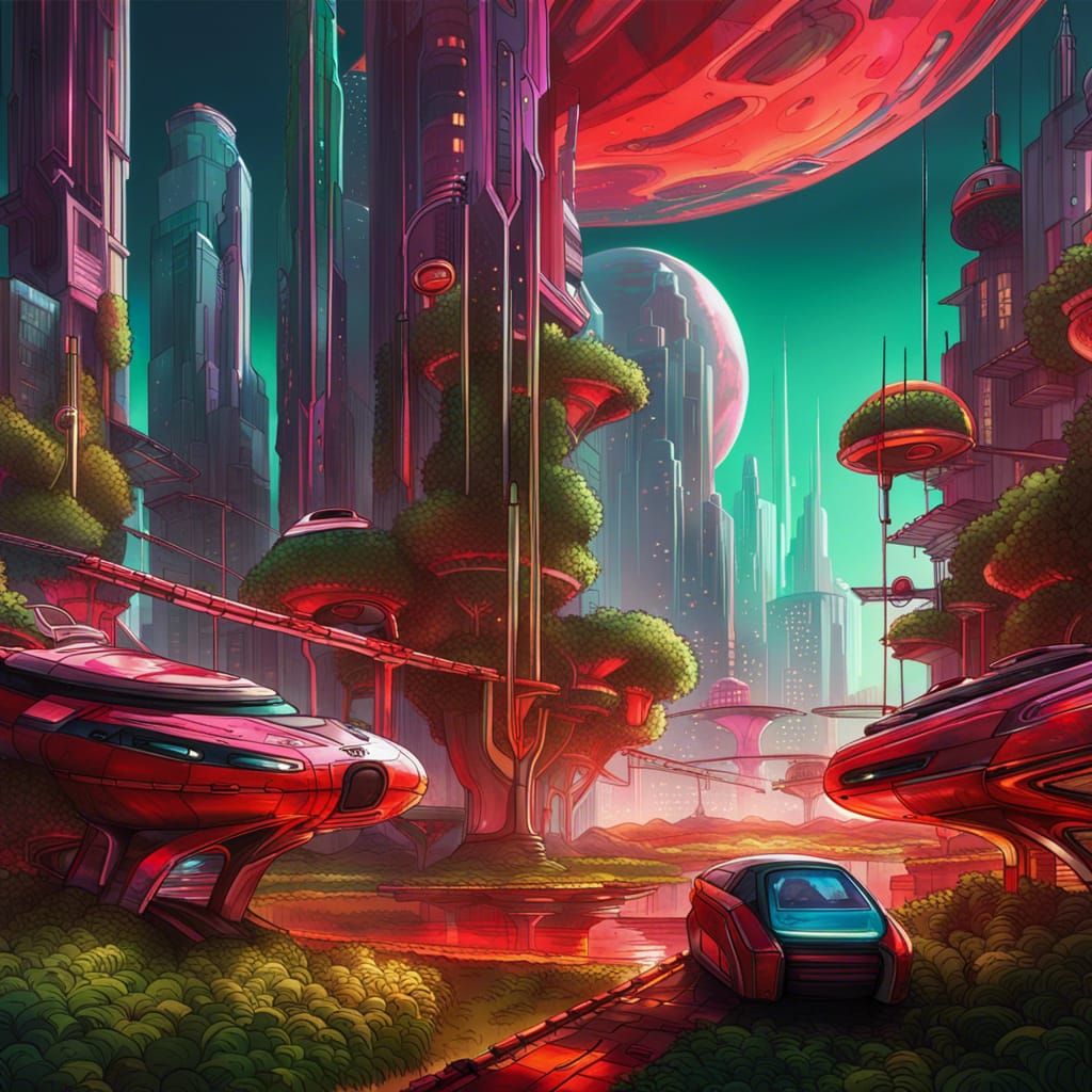 Futuristic Martian Metropolis Under Crimson Sky