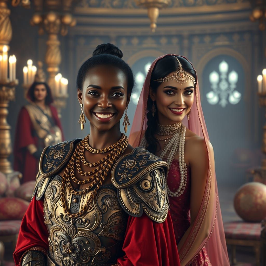 Two Smiling Women in Ornate Palace: Photorealistic Rendering