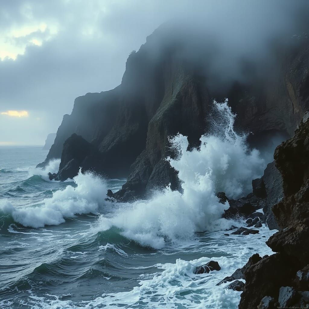 Dramatic Waves Crash on Black Cliffs in Hyperrealistic Style