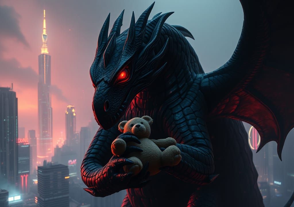 A hyperrealistic digital painting of a colossal black dragon, its scales shimmering with an iridescent sheen, cradling a...