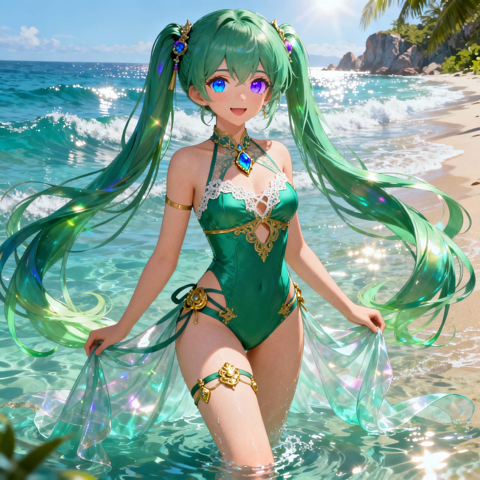 Anime Sea Goddess with Green Hair in Ocean Water