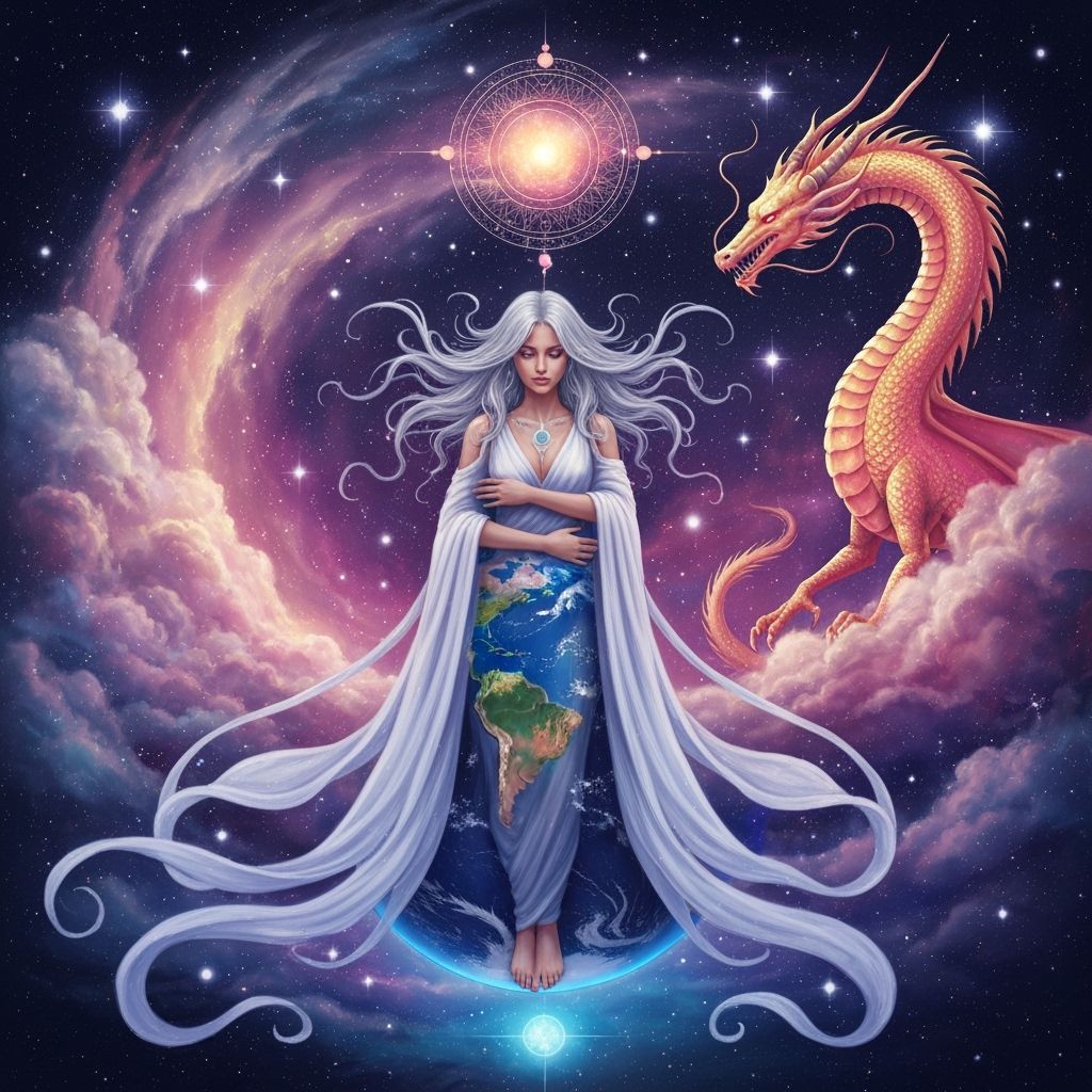 Ethereal Woman Hugging Earth with Dragon, Cosmic Art