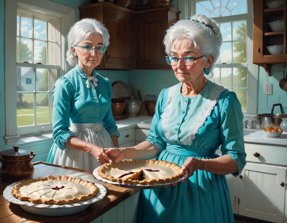 Grandmother and Granddaughter in Colonial Kitchen
