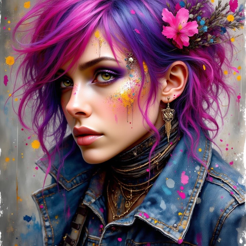 Trashpunk Woman with Pink Hair and Gold Lips