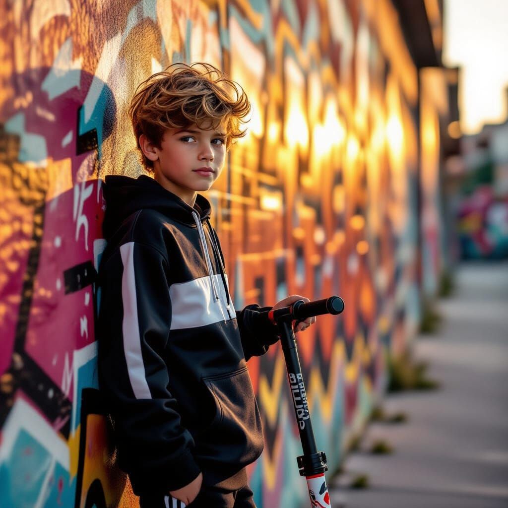Boy with Scooter Near Graffiti Wall in Golden Hour