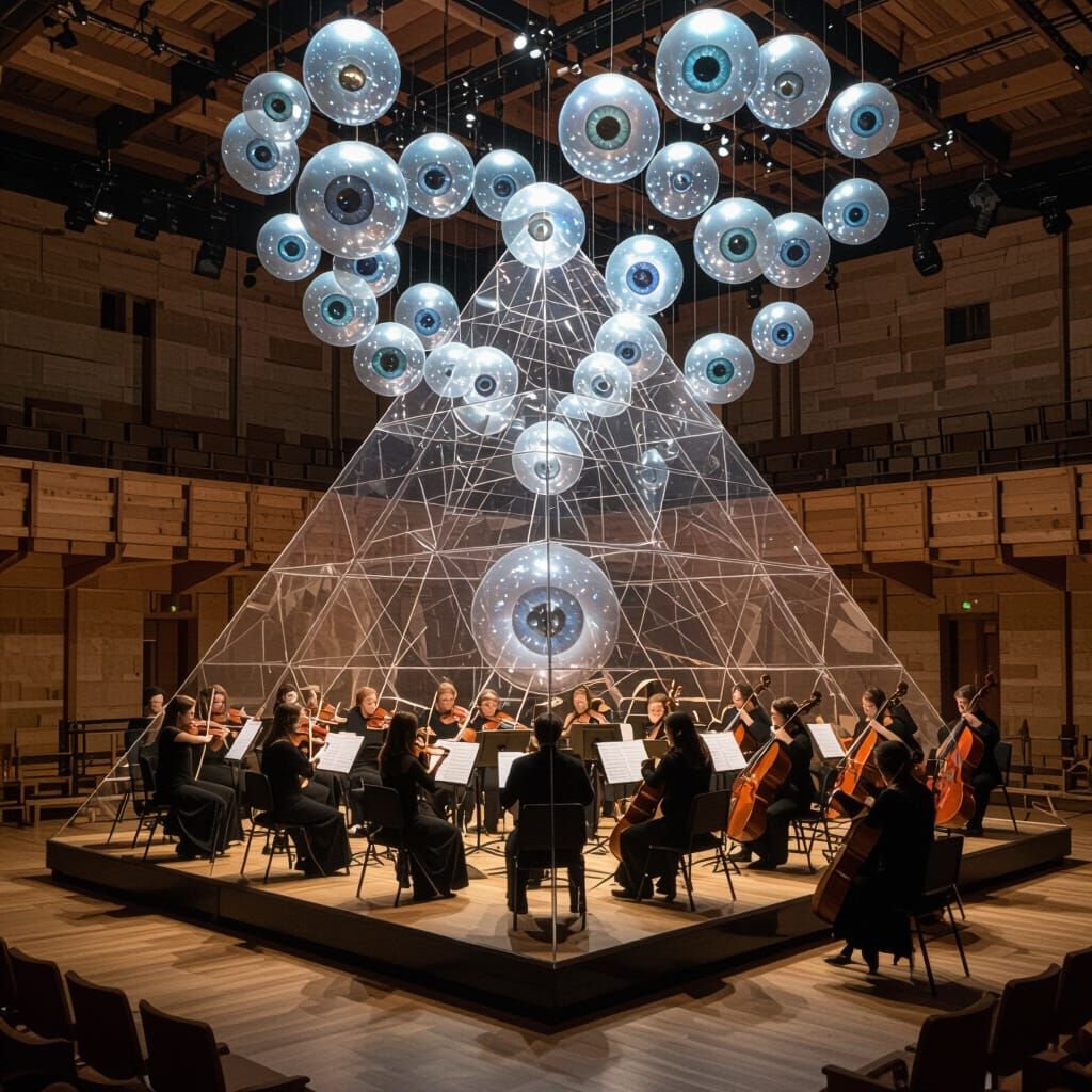 Transparent Pyramid Holds Medieval Orchestra with Eyeball Or...