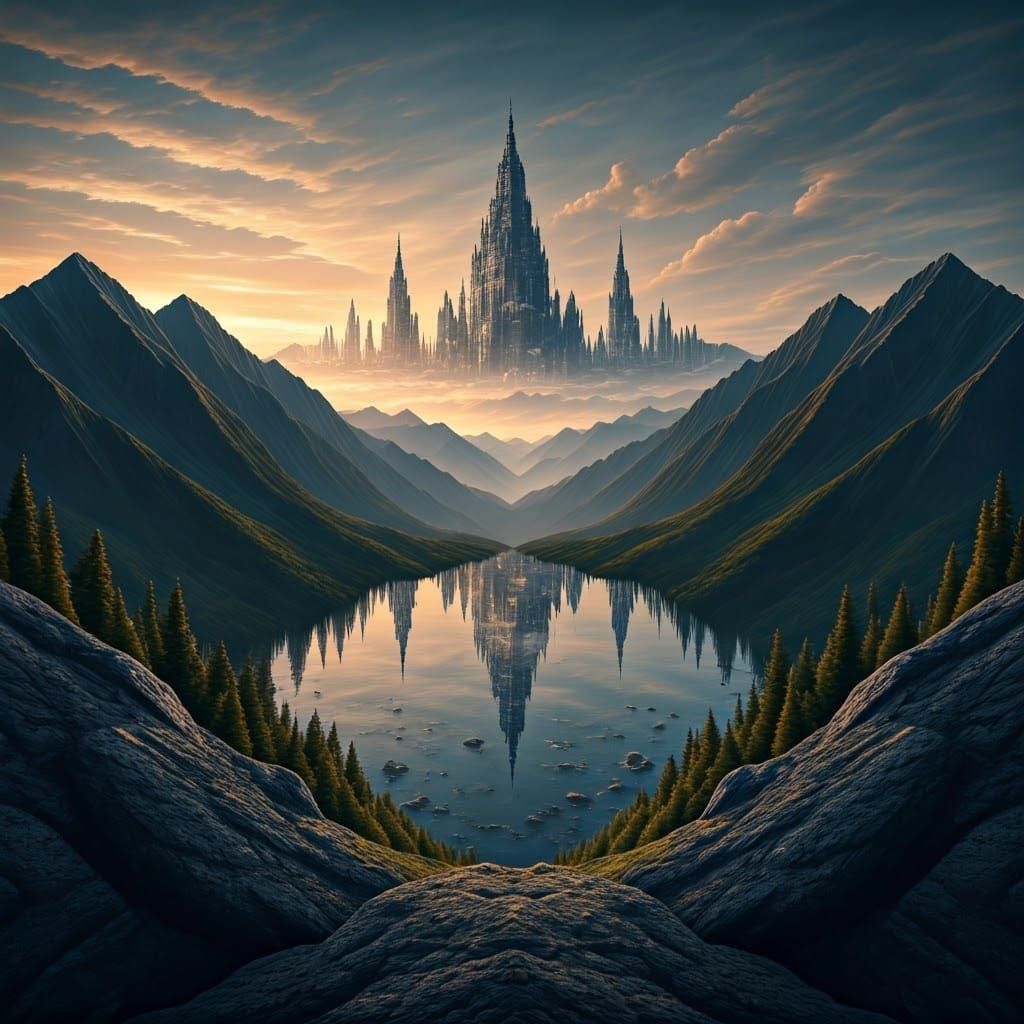 Gigapixel Mountain Dreamscape with Surreal Cityscape