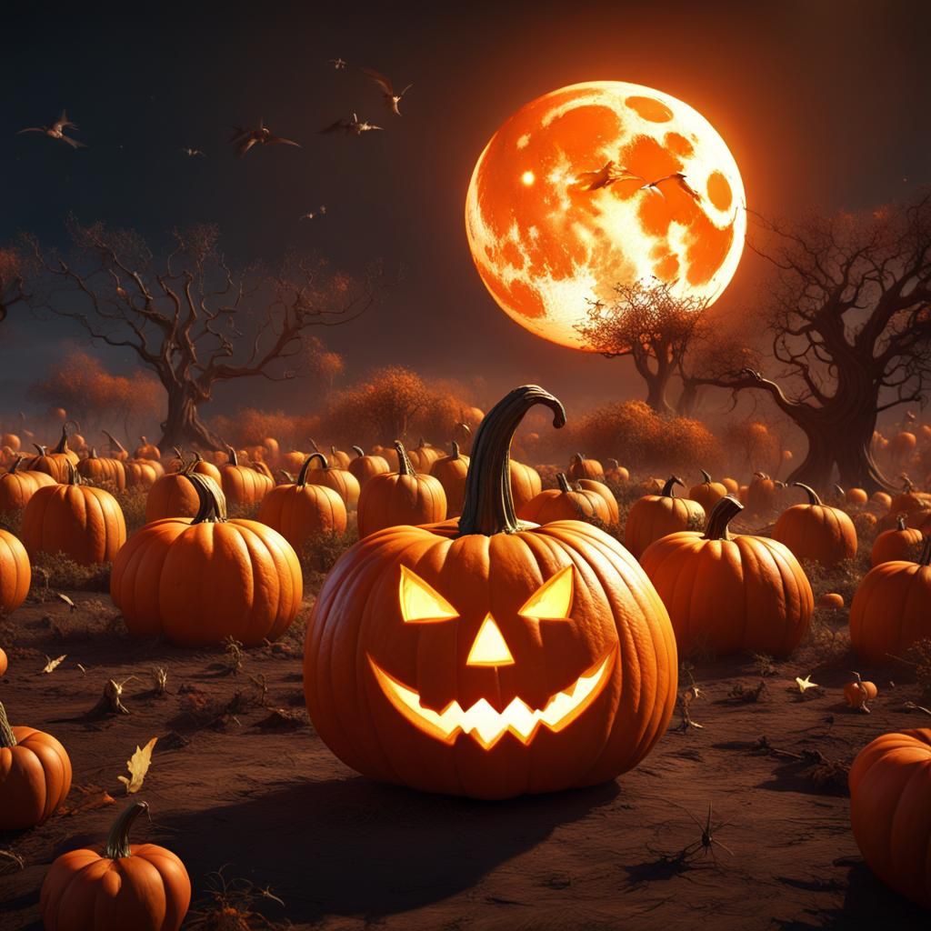 Halloween Pumpkin Patch with Witch in Fantasy Art