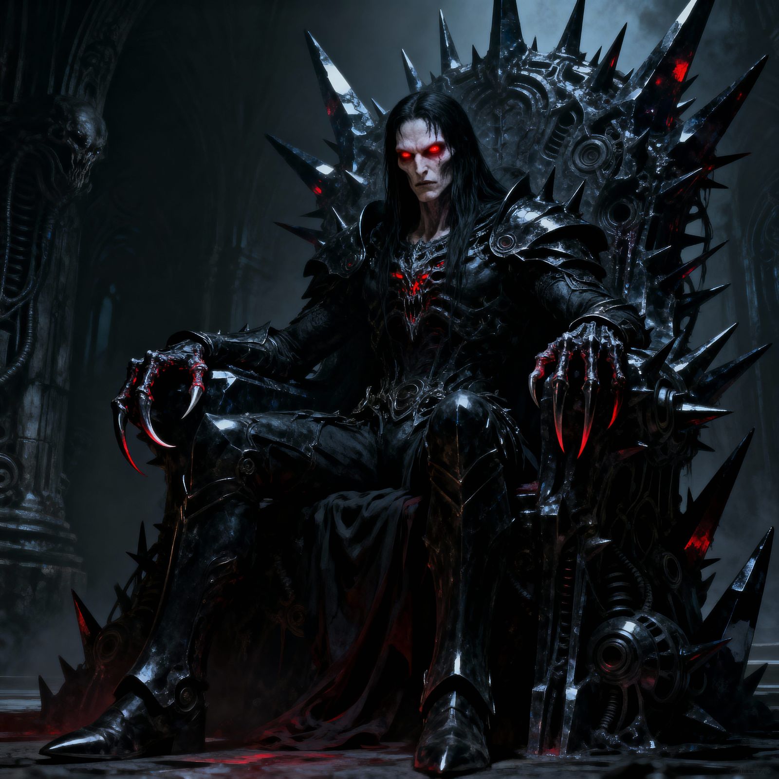 Dark Lord on Obsidian Throne in Shadowy Throne Room
