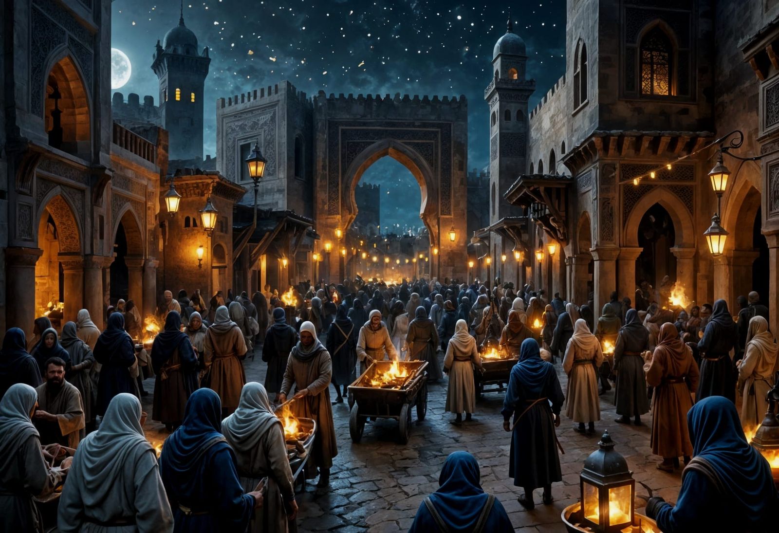 Crowded Arabian Street at Night: Fantasy Art